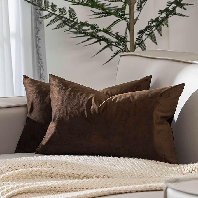 JUSPURBET Brown Throw Pillow Covers Set of 2 Decorative Velvet Pillow Covers for Couch Sofa Bed Soft Lumbar Cushion Covers with Invisible Zipper for Living Room Home Decor,12x20 inch
