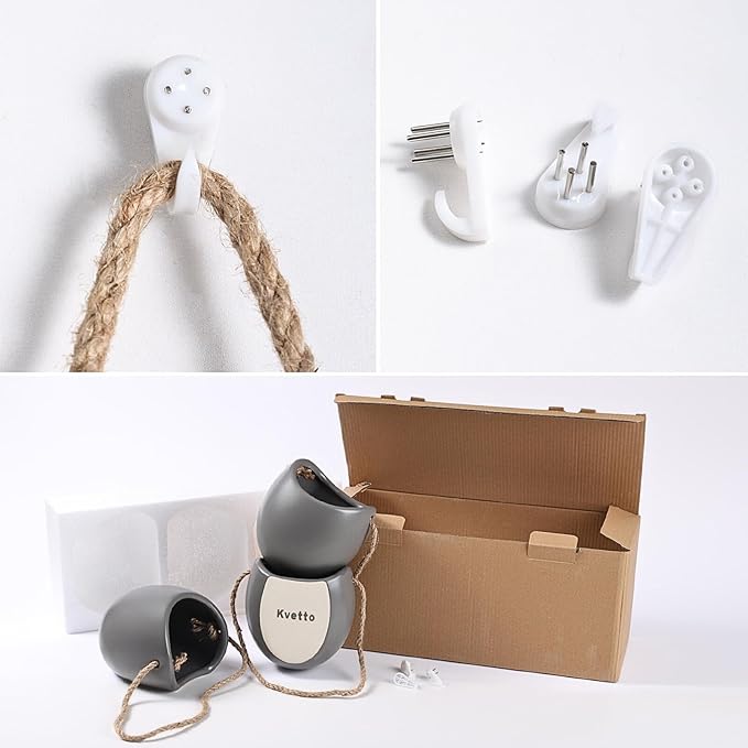 Set of 3 Ceramic Wall Planters with Hooks, Hanging Planter for Greenery and Dried Flowers, Home & Office Wall Decor