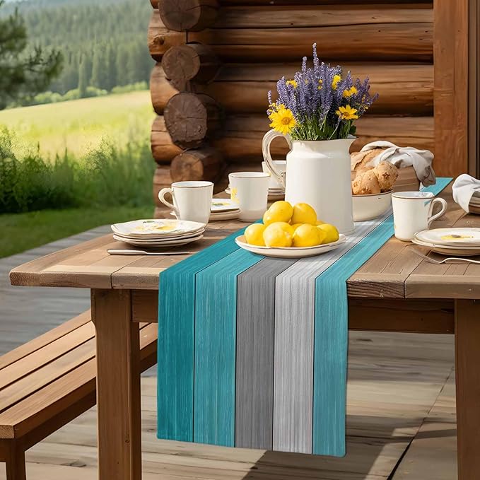 Vandarllin Farmhouse Cotton Linen Table Runner Dresser Scarf Retro Rustic Barn Wood Texture Ombre Aqua Blue Gray Non-Slip Rectangle Settings Decoration for Kitchen Home Dining Holiday, 18x72 inch