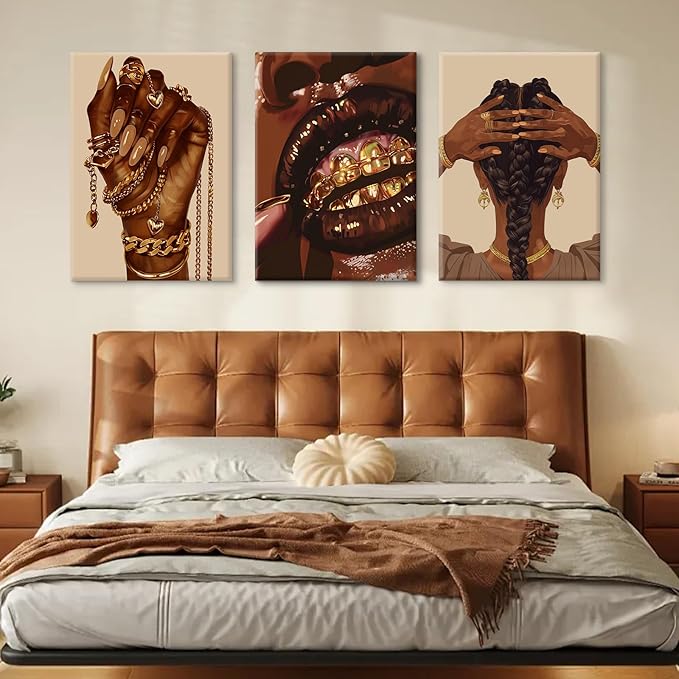 Pouydmi Black Girl Wall Art African Woman Canvas Wall Decor Black Women People Art Painting Gold Fashion Poster African American Girl Pictures for Bedroom Living Room 16x24x3 Inch Ready to Hang