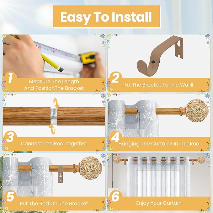 1 Inch Wood Curtain Rod For Windows 66 to 120 Inches, Heavy-Duty Adjustable Decorative Imitation Wood Grain Boho Curtain Rod With Rattan Leaf Hollow Finials For Bedroom 、 Living Room and Famhouse