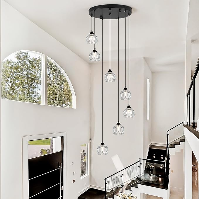 Crystal Chandeliers for Staircases, 7-Light Black Modern Chandeliers for High Ceilings,Crystal Pendant Light Fixture for Living Room Kitchen Island Foyer Hallway Bar
