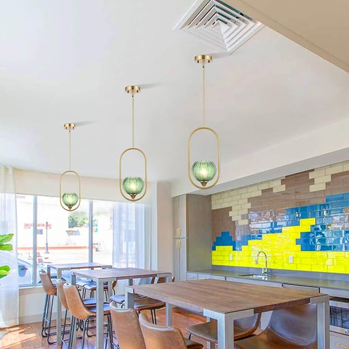 Modern Gold Globe Pendant Light with Green Glass Globe Lampshade Mid Century Chandelier 1-Light Brushed Brass Ceiling Hanging Lighting Fixture for Kitchen Island Dining Room Bedroom (2 Pack)