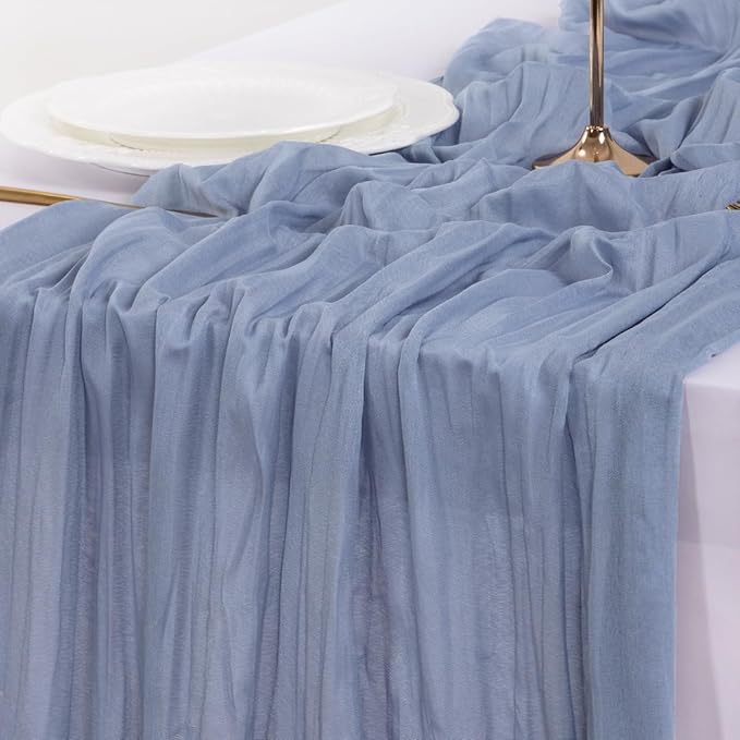 Socomi Dusty Blue Fall Thanksgiving Cheesecloth Table Runner Boho Rustic Gauze 120 inch 10FT Cheese Cloth Runner for Wedding Party Baby Shower Birthday Home Decor Holiday Decorations