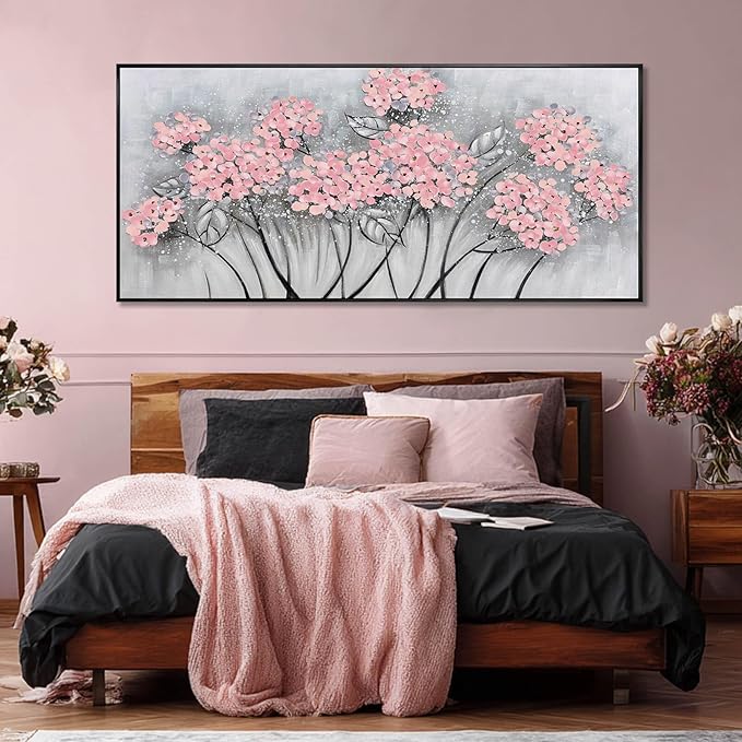 SOUGUAN Flower Wall Art Pink Wood Wall Decor Botanical Oil Painting 32"x70" Large Artwork for Bedroom Canvas Paintings for Office