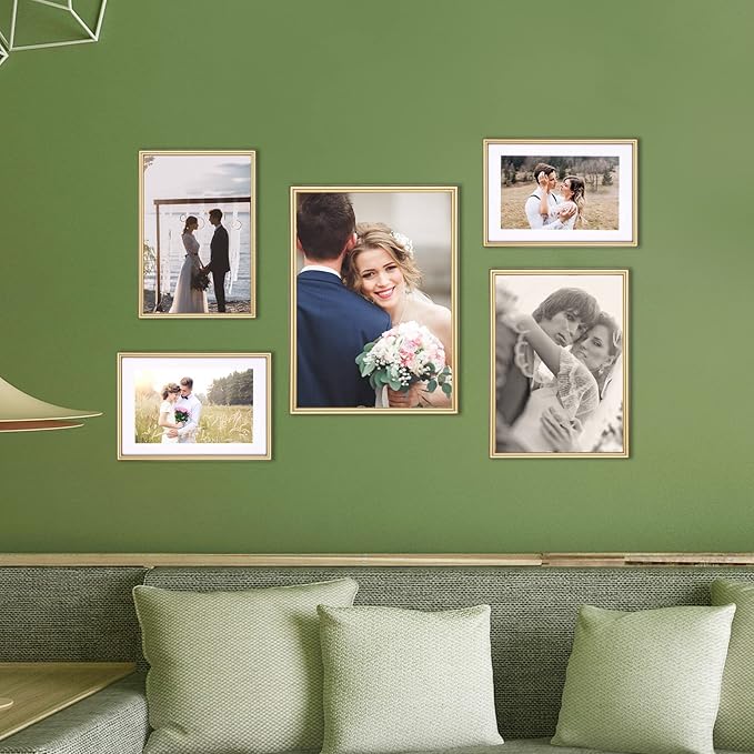 5x7 Picture Frame Set of 4, Matted Brass Simple Modern Brushed Thin Aluminum Metal Photo Frame Fits 3x5 and 4x6 with Mat or 5 x 7 without Mat . Vertical and Horizontal for Tabletop and Wall