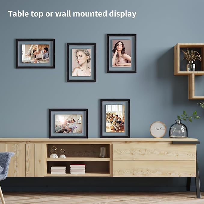 Trwcrt 4x6 Floating Picture Frames Set of 4, Double Glass Photo Frame Display up to 6 x 8 Photos for Desktop or Wall Hanging, Black