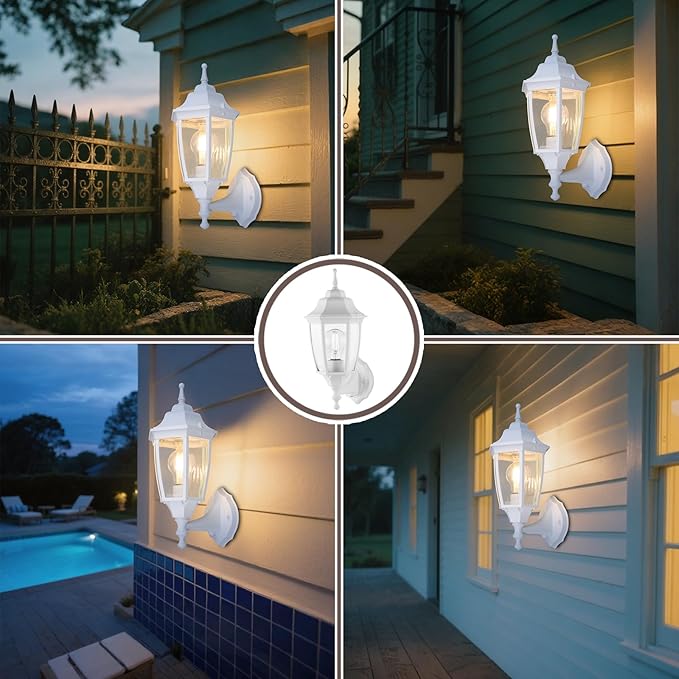Photocell-Controlled Outdoor Wall Light – Die-Cast Aluminum & Glass Water-Resistant Exterior Fixture, Wet Location Rated, E26 Base (60W Max) for Porch, Garage, Garden(White)