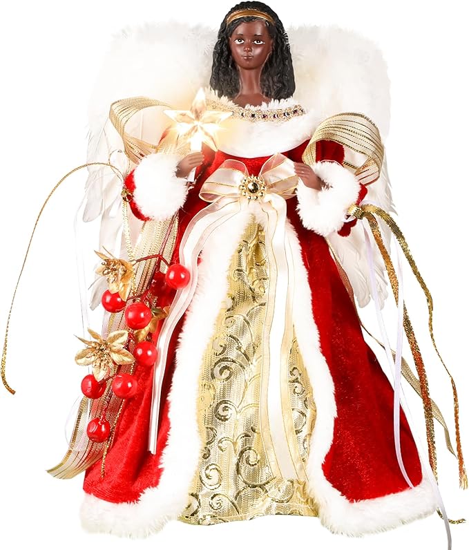 HMASYO Black Christmas Tree Topper Angel with Timer Lights, 12" African American Angel Tree Toppers with White Feather Wings, Star Light, Remote Control and USB Power Xmas Treetop Decor for Holiday