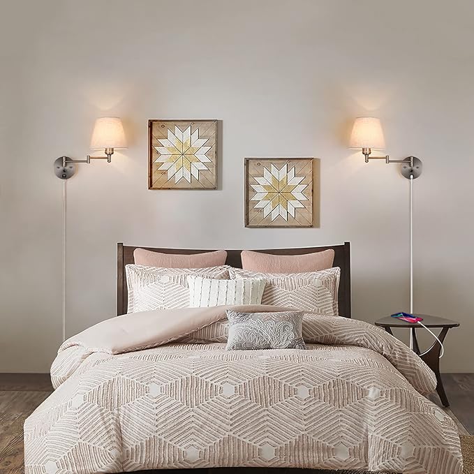 Swing Arm Wall Lamp Wall Mount Lamp with Cord Plug in Wall Sconce Lighting with Dimmable On Off Switch Wall Light with USB Port Plug in Wall Lamp for Bedroom Reading Satin Nickel Finish