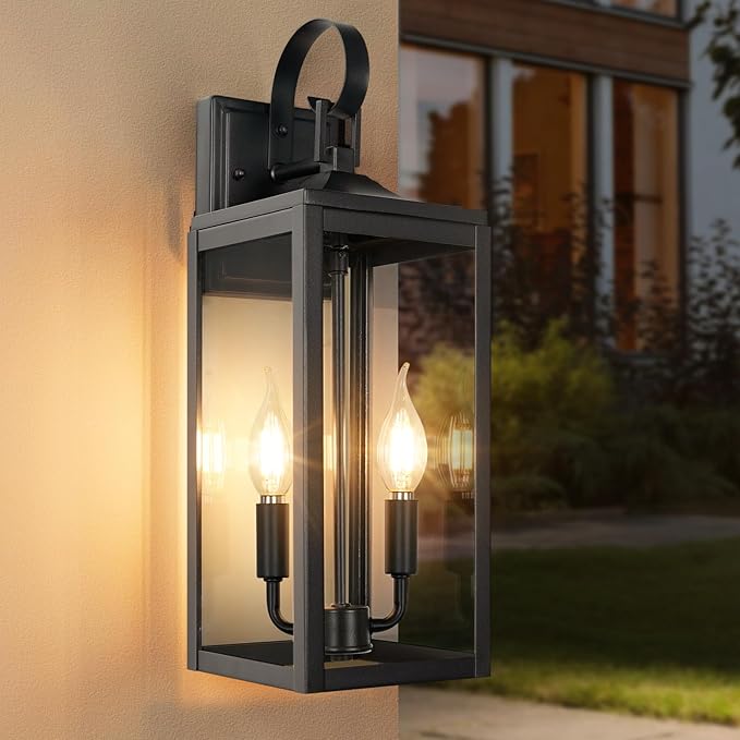 OKELI 17.6" Black Outdoor Wall Light Fixture, Large Exterior Porch Lighting 2-Light Farmhouse Outside Lantern Lights with Clear Glass Waterproof Wall Sconces Lamp for House Garage
