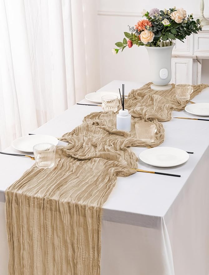 10 Pack Beige Cheesecloth Table Runner,10FT/120 Inch Boho Gauze Fabric Table Runner,Rustic Sheer Beige Cheese Cloth Runner Bulk for Wedding,Bridal Baby Shower,Birthday Party,Holiday Home Table Decor