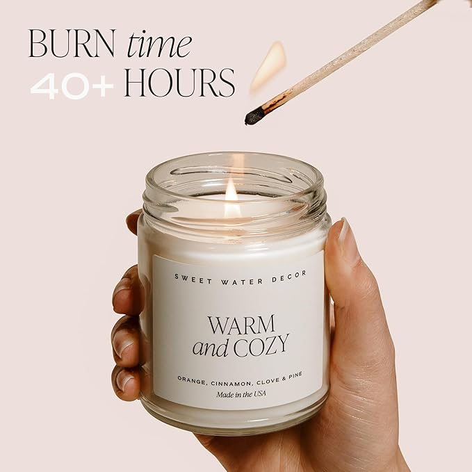 Sweet Water Decor Cozy Season Candle - Woods, Warm Spice, and Citrus Autumn Scented Soy Candles for Home - 9oz Clear Jar, 40 Hour Burn Time, Made in The USA