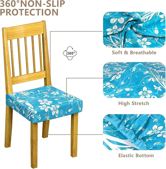 Stretch Dining Chair Seat Covers Set of 6,Dining Chair Slipcovers, Floral Printed Chair Covers,Soft Fabric Washable Upholstered Chair Seat Protector, No Rear Covers for Home Kitchen Dining Room