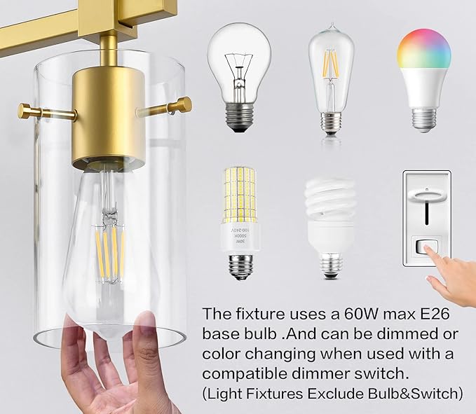 SOLFART Gold 3 Lights Bathroom Light Fixtures for Mirror Vanity Lights Bathroom Vanity Light Wall Sconce