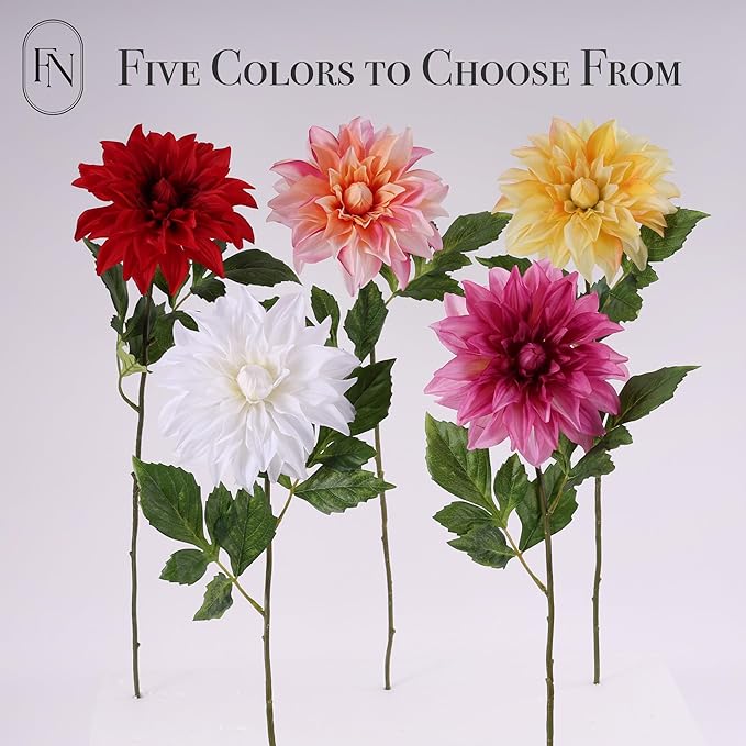 Artificial Yellow Dahlia 6 Large Heads with Stem Faux Fake Silk Flower Decor for Vase Bouquet Home Living Room Indoor Outdoor Wedding Spring Summer All Seasons DIY Decoration Arrangement