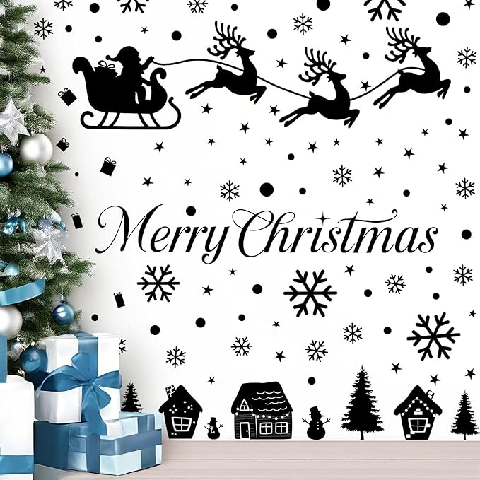 Merry Christmas Wall Decals, Black Santa Reindeer and Snowflake Window Clings, Removable Vinyl Wall Stickers for Holiday Party Bedroom Living Room Offices Home Decoration