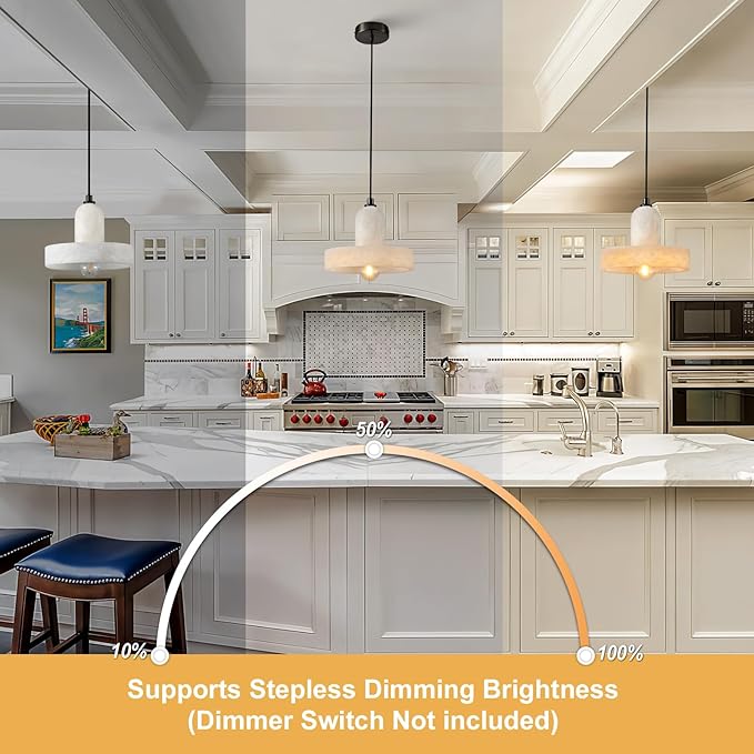 Alabaster Pendant Light for Kitchen Island, H-9.5in Modern Black Hanging Light Fixture with Natural Alabaster Stone Shade, Adjustable Pendant Lighting Over Sink, Dining, Bar, Counter - 3 Pack