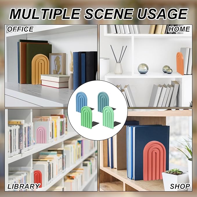PATIKIL 4Pcs Boho Arch Bookends, Non-Skid Wood Book Ends Rainbow Wooden for Shelves Book Stopper Stand Cute for Holding Books Movie CD Home Office Library Decorative, Blue Tone/Green/Cyan