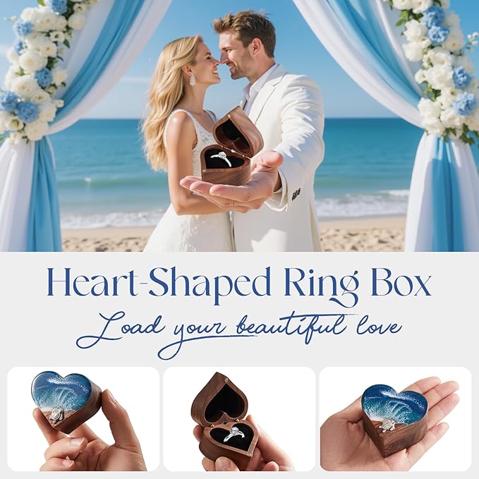 Ocean Resin Heart Engagement Ring Box, Personalized Walnut Wooden Ring Box, Birthday Gifts for Women, Ring Display box for Proposal, Wedding, Anniversary, Valentine's Day, Christmas Gifts