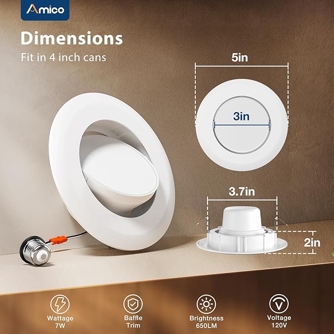 Amico 12 Pack 4 Inch Retrofit Eyeball Gimbal Can Lights, Adjustable Eyeball Directional 5CCT LED Recessed Lights, Dimmable, 2700K/3000K/3500K/4000K/5000K Selectable, 7W 650LM, ETL&FCC