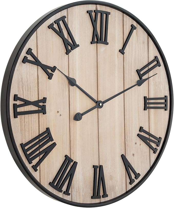 MODE HOME Large Rustic Wooden Wall Clock, 24 Inch Wooden Farmhouse Wall Clock with Carved Roman Numerals, Silent Battery Operated Round Vintage Clock for Living Room, Kitchen, Bedroom, Study Room