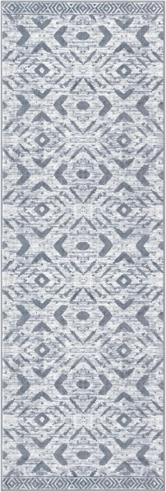 KILOCOCO Hallway Runner Rug 2.6'x8' Washable Printed Moroccan Runner Rugs Non Slip Entryway Rugs Soft Indoor Long Floor Rug for Bedroom Kitchen Living Room Geometric Boho Carpet Runners, Grey White