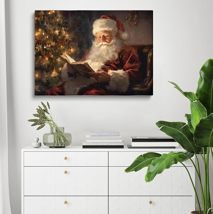 Victorian Christmas Canvas Wall Art,Vintage Painting of Santa Claus Reading a Book Under Christmas Tree, Winter Holiday Print, Holiday Season,Christmas Library Reading Room Decor24x36inch Unframed