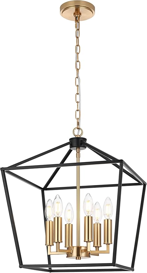 MELUCEE Black Lantern Pendant Light 6 Light Industrial Cage Chandelier with E12 Brass Candle-Shaped Base Rustic Geometric Hanging Light Fixture for Kitchen Island Foyer Dining Room