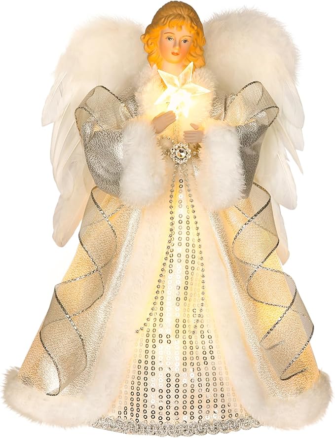 HMASYO Christmas Tree Topper Angel with Timer Lights, 12" Angel Tree Toppers with White Feather Wings, Star Light, Remote Control and USB Power Xmas Treetop Decor for Indoor Office Holiday Party