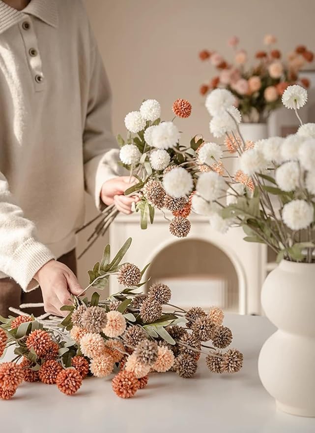 Fall Flowers Artificial Pompon Mum Burnt Orange, 5Pcs Fake Kiku Flowers Silk Small Mini Chrysanthemum Ball Faux Mum Decor for Autumn Filler DIY Bouquet Centerpieces Arrangements Shower(Burnt Orange)