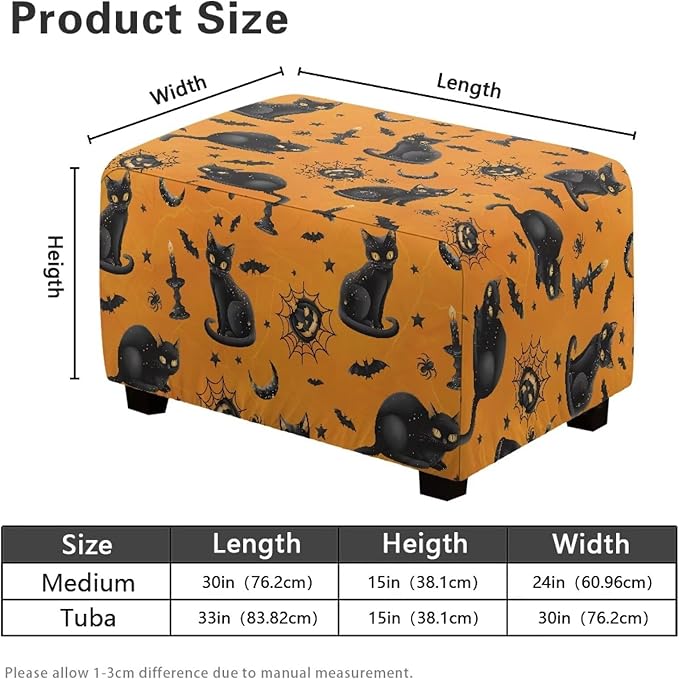 Rectangle Ottoman Cover Black Cat Stretch Ottoman Slipcover Removable Washable Folding Storage Footstool Protector with Elastic Bottom for Halloween Living Room Decor