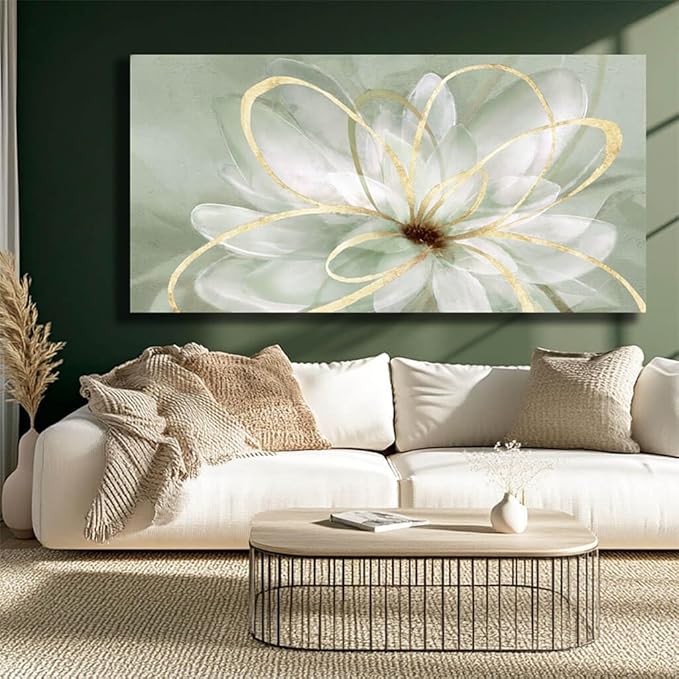 Room Wall Decoration Canvas Wall Art White Flowers Picture Modern Gold Foil Painting for Bedroom Living Room Kitchen Office Hotel 24" x 48"