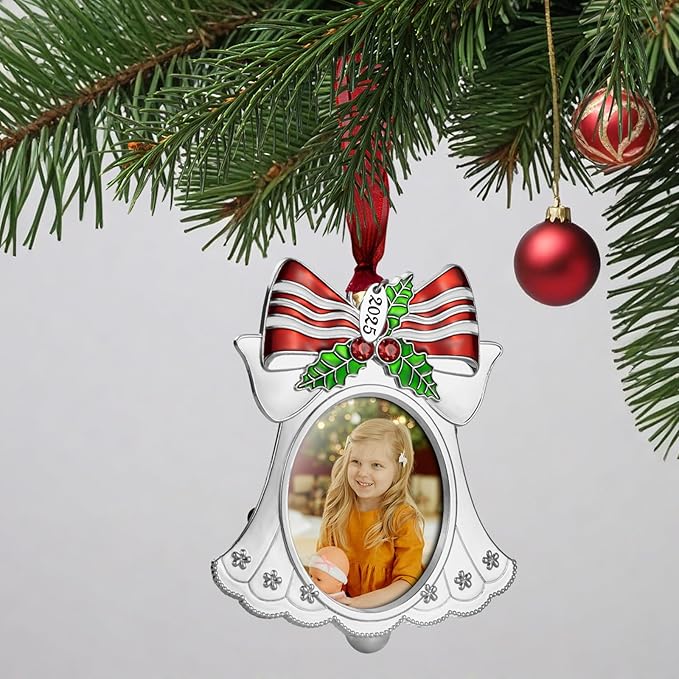 Christmas Tree Ornament - Decorative Hanging 2025 Holiday Keepsake Gift Pendant with 2X2.5 Inch Photo Frame Insert for Picture of Pet(Bell Silver)