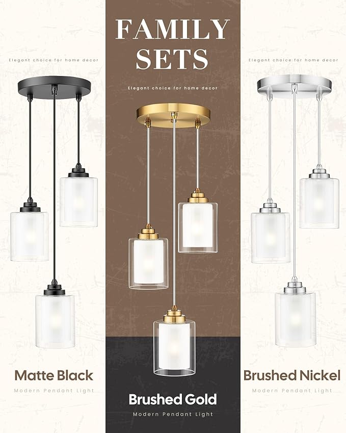 TENGXIN 3 Light Pendant Light,Brushed Gold Modern Pendant Light for Kitchen Island,Dual Glass Shade,Farmhouse Pendant Lighting for Dining Room,TXPLBG04