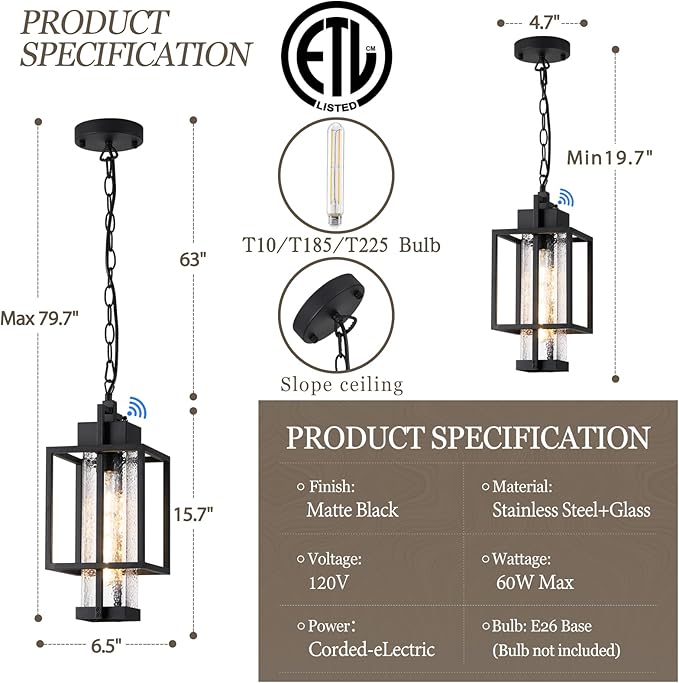 Outdoor Pendant Light Fixture, 16" Dusk to Dawn Exterior Chandelier Porch Hanging Light with Bubble Glass, Moder Black Outside Hanging Lantern for Porch Gazebo, OS-KY1005