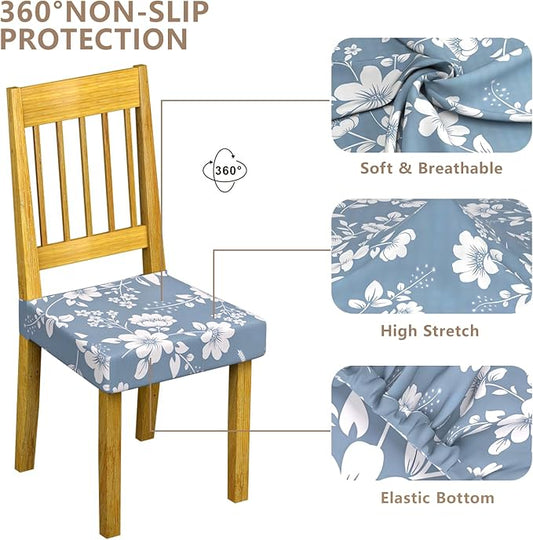 Stretch Dining Chair Seat Covers Set of 6,Dining Chair Slipcovers, Floral Printed Chair Covers,Soft Fabric Washable Upholstered Chair Seat Protector, No Rear Covers for Home Kitchen Dining Room