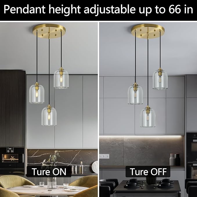 Modern Gold Pendant Lights Kitchen Island Ceiling Chandelier Indoor Crystal Hanging Light Fixtures for Dining Room Kitchen Living Room Bedroom(3Light)