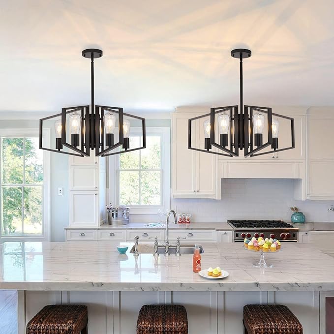 WJShome Black Chandelier, 4-Light Farmhouse Dining Room Light Fixture/Chandelier Over Table, Geometric Pendant Lights Kitchen Island, for Entryway, Foyer, Hallway