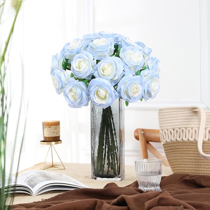 Nubry Artificial Silk Rose Flower Bouquet Lifelike Fake Rose for Wedding Home Party Decoration Event Gift 10pcs (Gradient Light Blue)