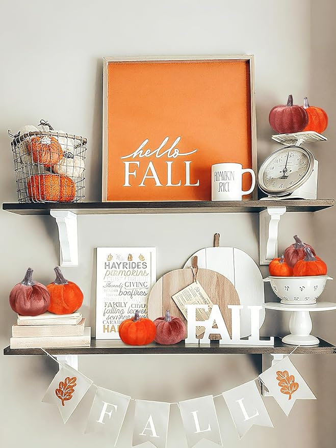 12pcs Fall Pumpkins Decor Set,Artificial Mini Pumpkins for Decorating, Velvet Mixed Color Fall Pumpkin Decorations for Thanksgiving Harvest Table Centerpieces Home Decor(Orange& Brown)