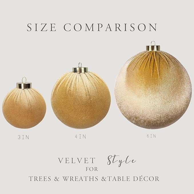 4PCS Gold Brown Velvet Christmas Ornaments Set – 6 Inch Large Flocked Shatterproof Baubles for Xmas Tree Decoration, Hanging Ornaments for Holiday & Home Décor (Gold, 6 Inch / 15 cm)