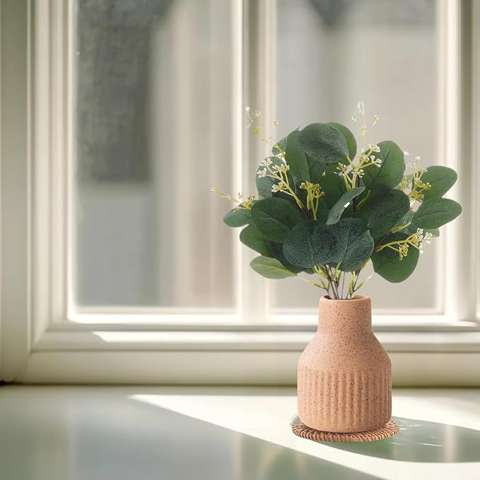 Artificial Eucalyptus Greenery Stems in Ceramic Vase 10Pcs Fake Plants Eucalyptus Leaves for Centerpiece Table Decorations Home Room Decor Office Desk Decor Greenery Decor Indoor (Beige)