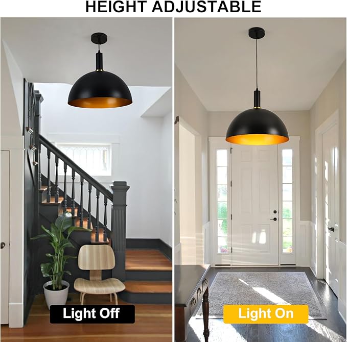 17.72" Large Pendant Lights Kitchen Island, Black and Gold Dome Pendant Lights, Modern Farmhouse Adjustable Black Industrial Metal Hanging Pendant Lightingfor Kitchen Island, Dining Room, Cafe, Bar