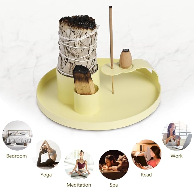 Multifunction Incense Holder, Sage Burner Holder, Palo Santo Holder Burner, 5.47" Ash Catch Tray, Smudge Stick Holder with Handle for Incense Sticks Incense Cone Candle, Yoga Meditation and Room Decor