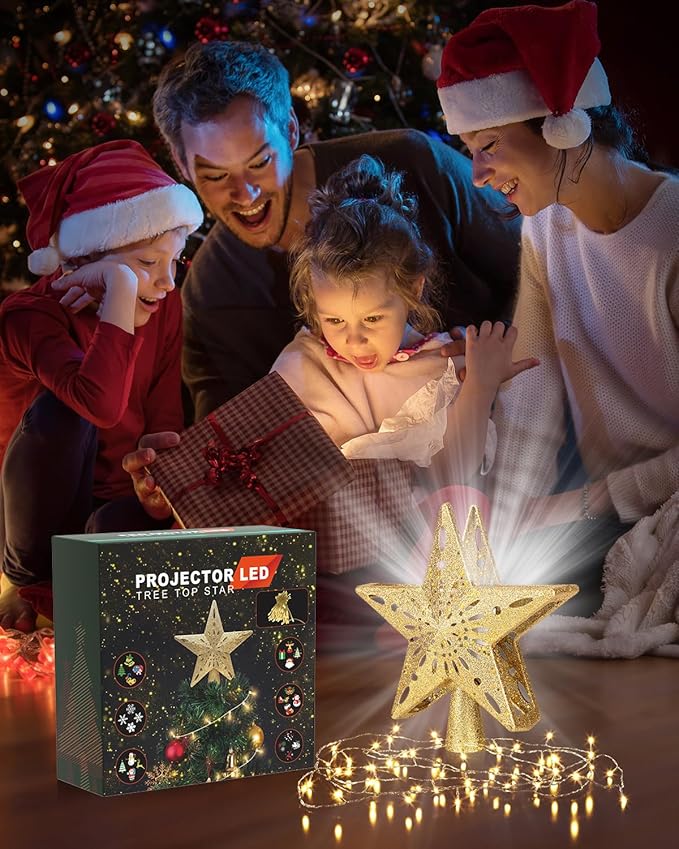 Christmas Tree Topper Star Lighted with Warm Christmas Light Cord, Built-in 6 Projected Patterns, 3D Glitter LED Rotating Lights for Party Holiday Xmas Decorations Gifts (Glod)