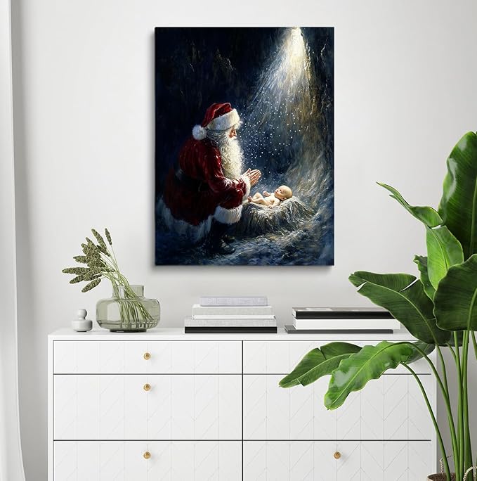 Santa And Christ Child Wall Art,Kneeling Santa,Santa Kneeling,Santa Nativity,Baby Jesus Manger Poster, Santa Kneeling At Manger,Christ Child In Manger Print,Jesus And Santa Art 24x32inch Framed Art