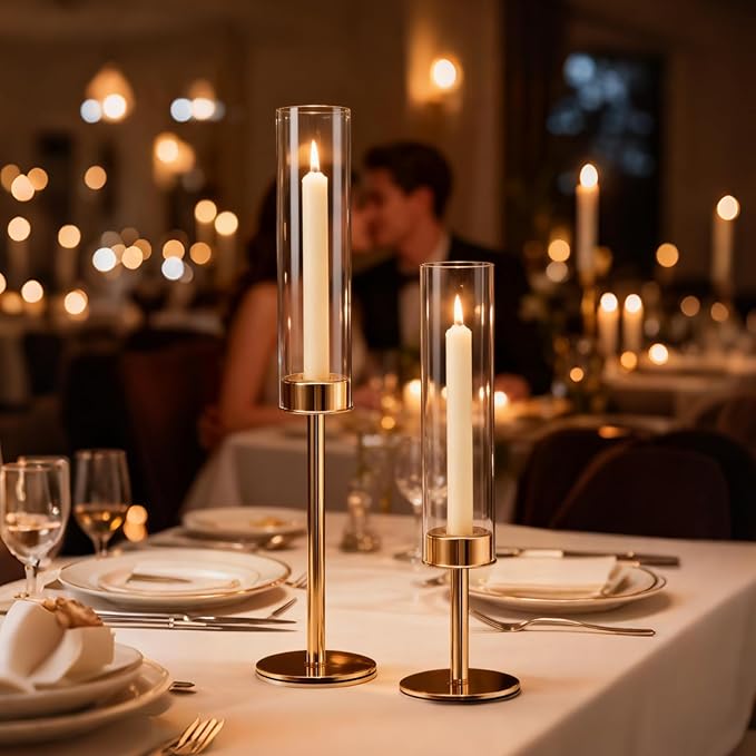 PHOSPHOR Gold Hurricane Candle Holder 6-Piece Tall Glass Candle Holder with Gold Metal Frame for Table Centerpieces, Weddings, Christmas, Parties, Home Decor