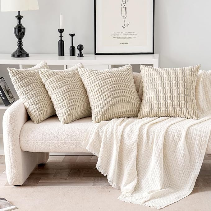 MIULEE Pack of 4 Cream White Corduroy Decorative Throw Pillow Covers 20x20 Inch Soft Boho Striped Pillow Covers Modern Farmhouse Home Decor for Sofa Living Room Couch Bed