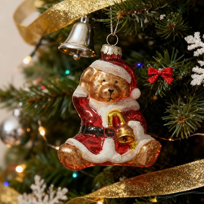 WDS WONDROUS Christmas Tree Ornaments Bear Balls, Cute Animal Glass Ornament, Gold & Red Christmas Hanging Ornament Decor for Tree, Whimsical Small Ornaments for Winter Holiday Decor (3.74”)